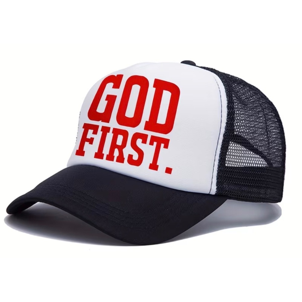 Unbranded God First Trucker Hat Mens OSFA Black White New Religious Snapback Cap